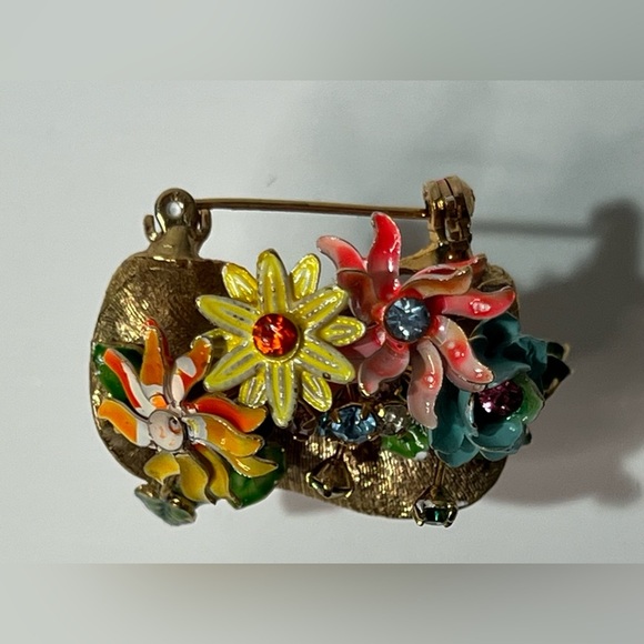 VTG Floral Bouquet Gold Tone Colorful Rhinestones Brooch Pin - Picture 5 of 13